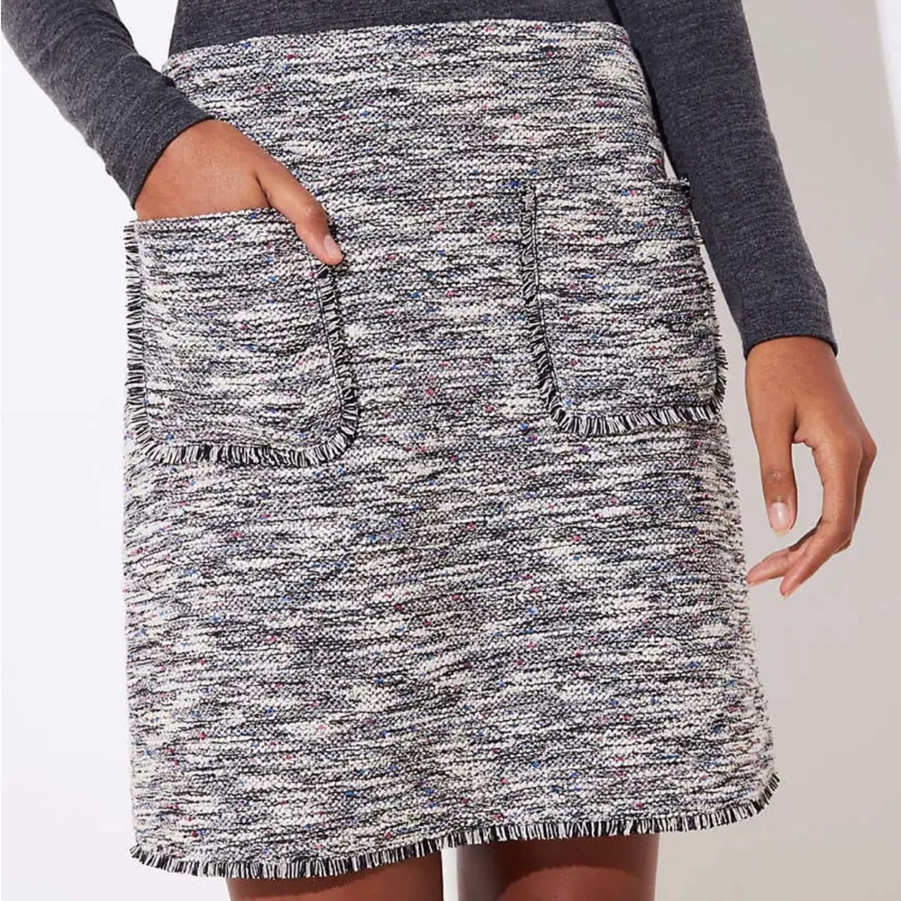 LOFT‎ Multicolor Tweed Knit Skirt with Front Pockets, Fringe Hem. Womens Size M